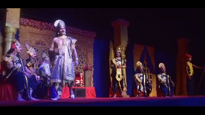 Artistes perform during a Ramleela event in Prayagraj on Monday (HT Photo) Artistes perform during a Ramleela event in Prayagraj on Monday (HT Photo)