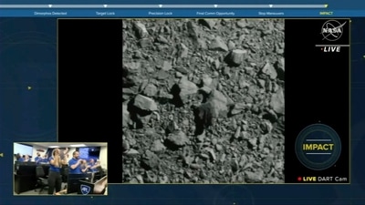In this image made from a NASA livestream, the Double Asteroid Redirection Test spacecraft crashes into an asteroid on Monday, Sept. 26, 2022. (ASI/NASA via AP) (AP) In this image made from a NASA livestream, the Double Asteroid Redirection Test spacecraft crashes into an asteroid on Monday, Sept. 26, 2022. (ASI/NASA via AP) (AP)