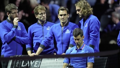 Team Europe's Novak Djokovic, sits, and looks down during a change of ends (AP) Team Europe's Novak Djokovic, sits, and looks down during a change of ends (AP)