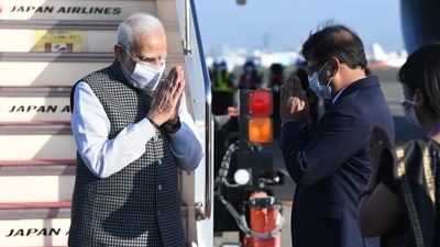 "Landed in Tokyo," PM Modi tweeted, posting photos of him while deplaning. "Landed in Tokyo," PM Modi tweeted, posting photos of him while deplaning. 