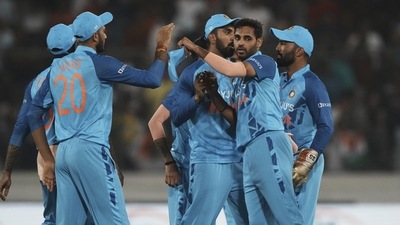 India's Bhuvneshwar Kumar, second right, celebrates with teammates the dismissal of Australia's Cameron Green&nbsp; (AP)