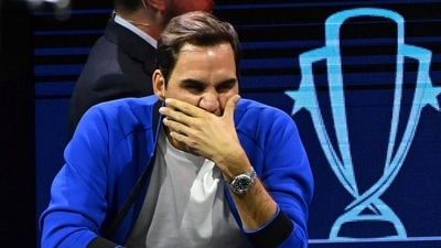 Team Europe players Switzerland's Roger Federer reacts during the first tennis match during the 2022 Laver Cup at the O2 Arena Team Europe players Switzerland's Roger Federer reacts during the first tennis match during the 2022 Laver Cup at the O2 Arena