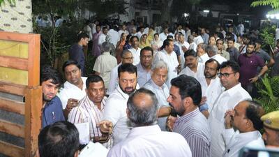 Congress lawmakers outside Rajasthan assembly speaker CP Joshi’s residence. (PTI) Congress lawmakers outside Rajasthan assembly speaker CP Joshi’s residence. (PTI)