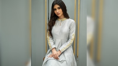 Mouni Roy's suit features vintage grey with gold/silver gotapatti work and blue/pink thread work. (Instagram/@imouniroy) Mouni Roy's suit features vintage grey with gold/silver gotapatti work and blue/pink thread work. (Instagram/@imouniroy)