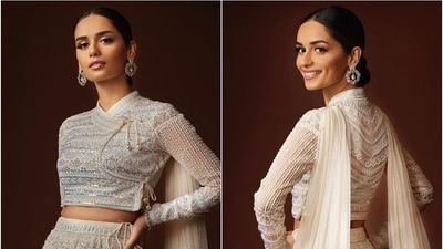 Manushi Chhillar looks ethereal in a white lehenga set. (Instagram) Manushi Chhillar looks ethereal in a white lehenga set. (Instagram)