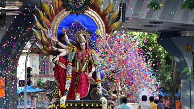 Devotees transport an idol of Goddess Durga to a community pandal at Lalbaug in Mumbai. (PTI) Devotees transport an idol of Goddess Durga to a community pandal at Lalbaug in Mumbai. (PTI)