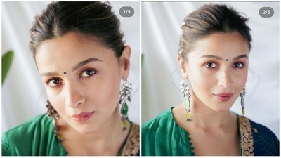 When it comes to makeup, Alia Bhatt is an expert at making any clothing seem stunning. This Navrtari, emulate Alia's style by adding a pair of drop earrings and a messy hairdo to your traditional attire. Consider wearing a glam makeup look with matte pink eyeshadow, mascara, lipstick, and eyeliner as well as a blue bindi for a calming finishing touch. (instagram/@AliaBhatt) When it comes to makeup, Alia Bhatt is an expert at making any clothing seem stunning. This Navrtari, emulate Alia's style by adding a pair of drop earrings and a messy hairdo to your traditional attire. Consider wearing a glam makeup look with matte pink eyeshadow, mascara, lipstick, and eyeliner as well as a blue bindi for a calming finishing touch. (instagram/@AliaBhatt)