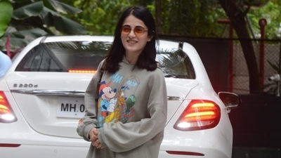 Radhika Madan was spotted at Maddock Films office in Mumbai on Monday. She was seen in 2020 film English Medium. She has several projects in pipeline including a web series titled Saas Bahu Aur Cocaine. (Varinder Chawla) 