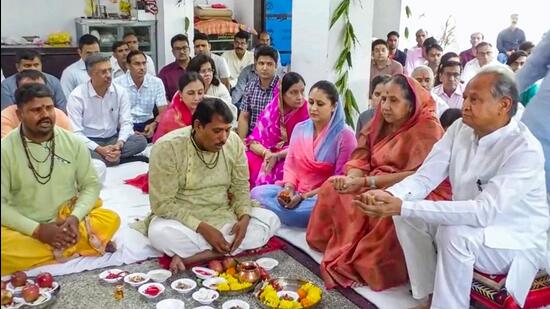 Rajasthan chief minister Ashok Gehlot offers prayers at Shri Jagdambe Bhavani Temple in Jaipur on Monday. (PTI)