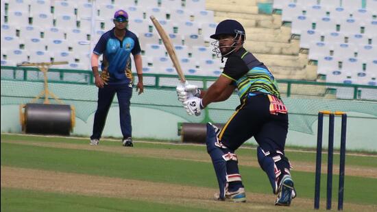 Players in action at the JP Atray Memorial Cricket Tournament. (Sanjeev Sharma/HT)