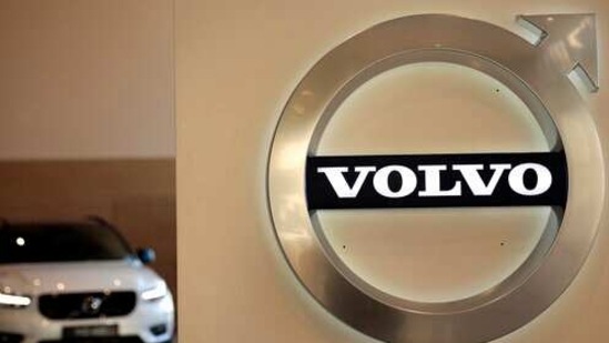 FILE - In this Feb. 6, 2020 file photo a Volvo car is parked behind the Volvo logo in the lobby of the company's corporate headquarters, in Brussels. (Used only for representation)