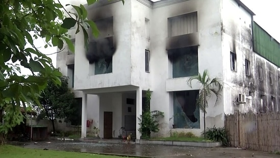 Smoke billows out from Vanatara resort, owned by BJP leader Vinod Arya's son Pulkit Arya who is an accused in the murder of a 19-year-old woman.(ANI)