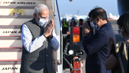 "Landed in Tokyo," PM Modi tweeted, posting photos of him while deplaning.&nbsp;