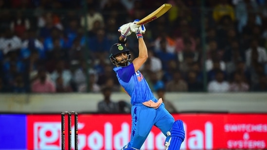 Virat Kohli plays a shot during the third T20 cricket match between India and Australia, at Rajiv Gandhi International Stadium in Hyderabad.(PTI)