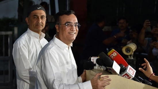 Congress leader Ajay Maken addresses media after meeting Congress interim president Sonia Gandhi in New Delhi on Monday,&nbsp;(PTI)