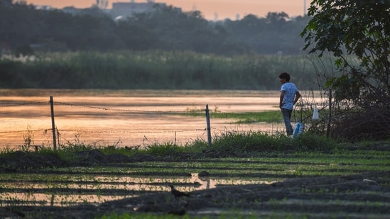 The water level in the Yamuna river breached the warning mark of 204.5 metres on Monday following a downpour in the upper catchment areas and is expected to rise further in the next two days, officials said. The district administration is maintaining a strict vigil on villages falling close to the river, they added.(HT Photo/Sanchit Khanna)