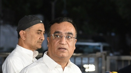 Congress leader Ajay Maken briefs the media after meeting with party interim president Sonia Gandhi at her residence, in New Delhi, India, on Monday, September 26, 2022. (Photo by Arvind Yadav/ Hindustan Times)