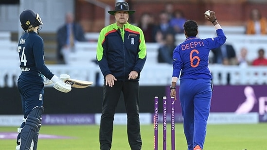 Charlie Dean of England reacts after being run out by Deepti Sharma of India(Getty)