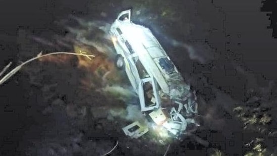 The mangled remains of the Tempo Traveller that met with an accident at Banjar on the Aut-Luhri highway in Kullu district on Sunday night.&nbsp;(PTI)