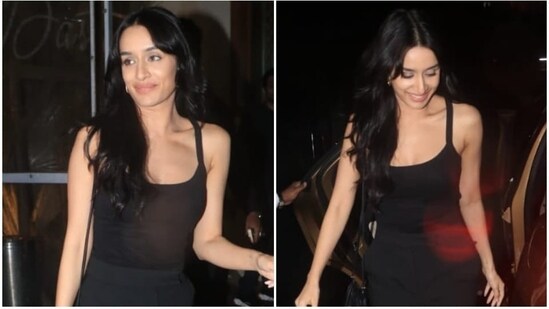 Shraddha Kapoor was spotted earlier by the paparazzi in her comfortable clothes.  She wore a black tank top paired with satin pants.  (HT Photo/Varinder Chawla)