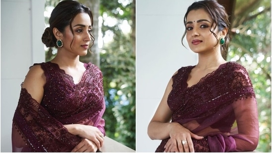 Ponniyin Selvan I actor Trisha Krishnan poses in a burgundy saree.&nbsp;(Instagram)