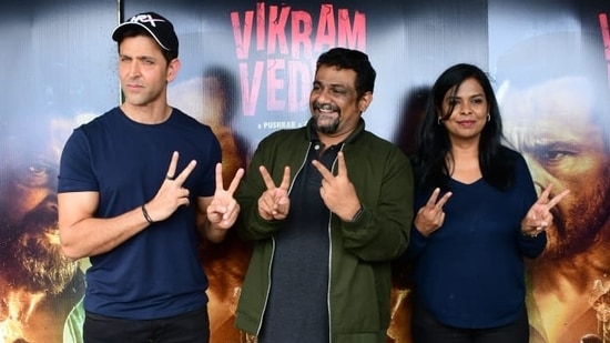 Hrithik Roshan and Vikram Vedha directors Pushkar and Gayathri were seen during the film's promotions on Monday. Hrithik's co-star Saif Ali Khan wasn't spotted. The film is set to release in theatres on September 30. (Varinder Chawla)