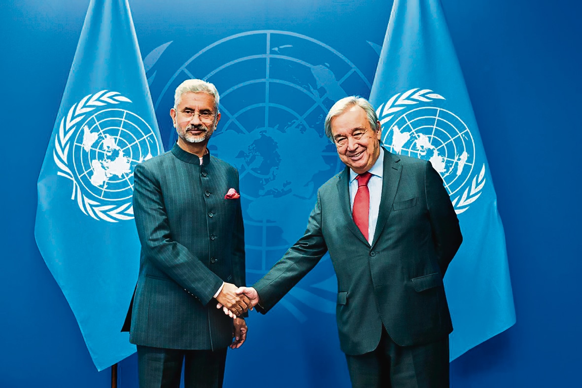 External affairs minister S Jaishankar with United Nations Secretary General António Guterres. (PTI photo) External affairs minister S Jaishankar with United Nations Secretary General António Guterres. (PTI photo)