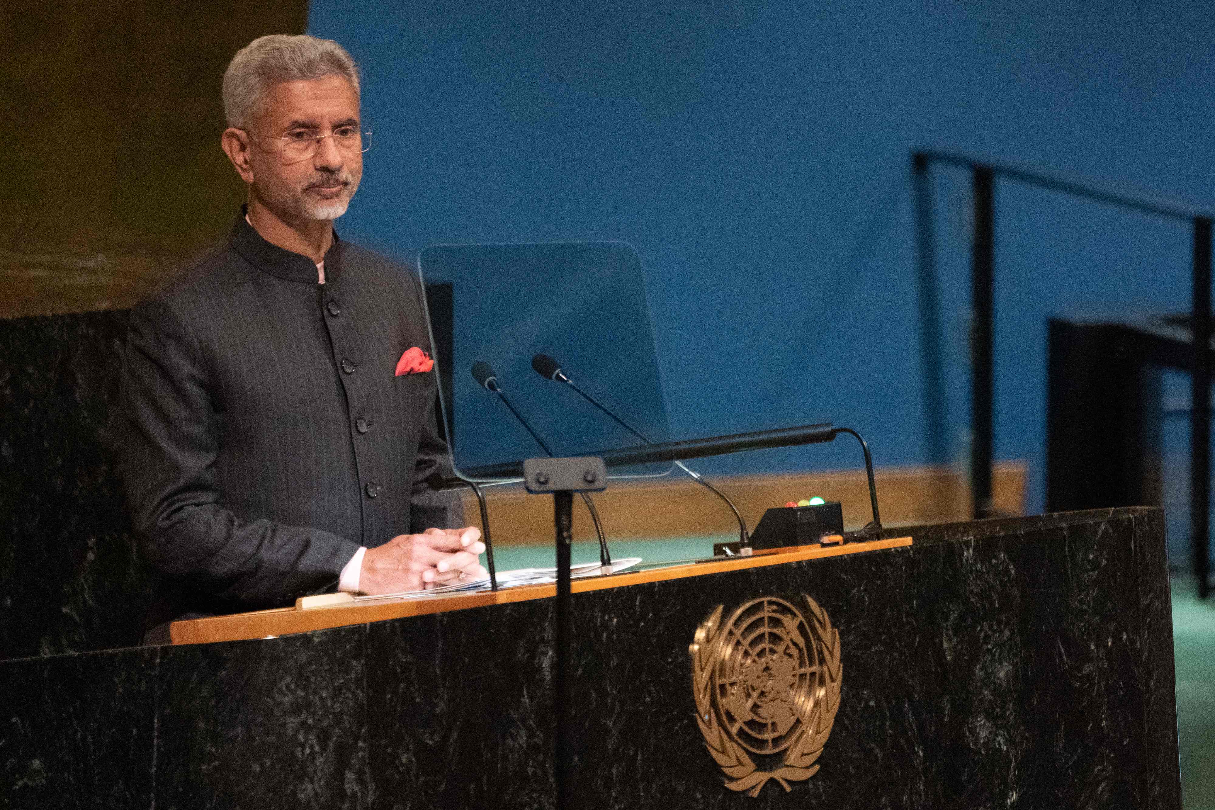 S Jaishankar addresses the 77th session of the United Nations General Assembly at UN headquarters in New York City. (AFP) S Jaishankar addresses the 77th session of the United Nations General Assembly at UN headquarters in New York City. (AFP)