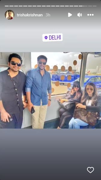 In the picture, Aishwarya, Trisha, Karthi, and Jayam Ravi smiled as they posed inside an airport shuttle bus.