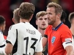 England's Harry Kane, right, looks to Germany's Thomas Muller at the end of the UEFA Nations League match (AP) England's Harry Kane, right, looks to Germany's Thomas Muller at the end of the UEFA Nations League match (AP)