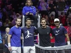 From left, Andy Murray, Novak Djokovic, Roger Federer and Rafael Nadal attend a training session ahead of the Laver Cup(AP) From left, Andy Murray, Novak Djokovic, Roger Federer and Rafael Nadal attend a training session ahead of the Laver Cup(AP)