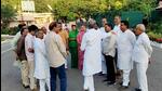 Gehlot (back to camera) meets ministers and MLAs in Jaipur. (ANI) Gehlot (back to camera) meets ministers and MLAs in Jaipur. (ANI)
