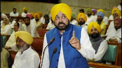 Punjab chief minister Bhagwant Mann speaks during the ongoing session of assembly in Chandigarh on Tuesday. Mann moved a confidence motion after the session got off to a stormy start with three adjournments, ‘naming’ of all 15 Congress MLAs present, and a walkout by two BJP members. (PTI) Punjab chief minister Bhagwant Mann speaks during the ongoing session of assembly in Chandigarh on Tuesday. Mann moved a confidence motion after the session got off to a stormy start with three adjournments, ‘naming’ of all 15 Congress MLAs present, and a walkout by two BJP members. (PTI)