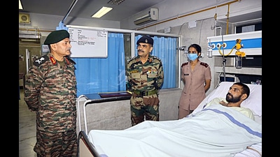 Northern Army Commander Lieutenant General Upendra Dwivedi visited Base Hospital and interacted with injured soldiers and civilians in Srinagar on Tuesday. (ANI) Northern Army Commander Lieutenant General Upendra Dwivedi visited Base Hospital and interacted with injured soldiers and civilians in Srinagar on Tuesday. (ANI)