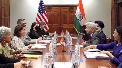 External affairs minister S Jaishankar meets with United States commerce secretary Gina Raimondo to discuss Indo-Pacific Economic Framework alongside high technology cooperation between India and US, in Washington on Monday. (ANI)