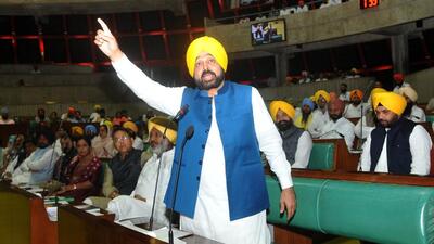 Punjab chief minister Bhagwant Mann speaking in the House while presenting the ‘confidence motion’ on Tuesday. (RAVI KUMAR/HT) Punjab chief minister Bhagwant Mann speaking in the House while presenting the ‘confidence motion’ on Tuesday. (RAVI KUMAR/HT)