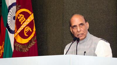 Defence minister Rajnath Singh addresses the 5th annual session of the Society of Indian Defence Manufacturers in New Delhi on Tuesday. (PTI Photo) Defence minister Rajnath Singh addresses the 5th annual session of the Society of Indian Defence Manufacturers in New Delhi on Tuesday. (PTI Photo)