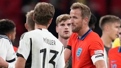 England's Harry Kane, right, looks to Germany's Thomas Muller at the end of the UEFA Nations League match (AP) England's Harry Kane, right, looks to Germany's Thomas Muller at the end of the UEFA Nations League match (AP)