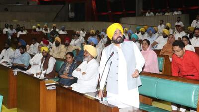 Chief minister Bhagwant Mann introduced the confidence motion in the Punjab assembly in Chandigarh on Tuesday. The House was adjourned thrice amid protests from the opposition. (HT file photo)