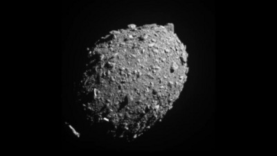 The target ‘Dimorphos’ is a moonlet of Didymos, Greek for twin, a fast-spinning asteroid five times bigger that flung off the material that formed the junior partner. (NASA)