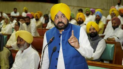 Punjab chief minister Bhagwant Mann speaks during the ongoing session of Punjab Legislative Assembly, in Chandigarh, Tuesday. (PTI)