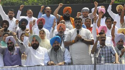 BJP’s Punjab unit leaders during their parallel assembly session, outside Batra Theatre near BJP office in Sector 37, Chandigarh, on Tuesday. (Keshab Singh/HT)