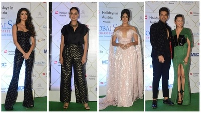 Palak Tiwari, Dia Mirza, Mrunal Thakur, Karan Kundrra and Tejasswi Prakash at an awards event. (Varinder Chawla) Palak Tiwari, Dia Mirza, Mrunal Thakur, Karan Kundrra and Tejasswi Prakash at an awards event. (Varinder Chawla)