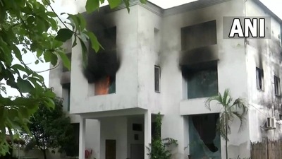 Vanatara resort in Rishikesh, Uttarakhand set on fire by locals.. (ANI) Vanatara resort in Rishikesh, Uttarakhand set on fire by locals.. (ANI)
