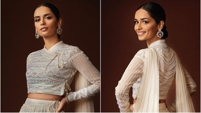 Manushi Chhillar's earlier set of Instagram photos featured the model in a stunning ivory contemporary lehenga set by Siwangi Pradhan. (Instagram/@manushi_chhillar) Manushi Chhillar's earlier set of Instagram photos featured the model in a stunning ivory contemporary lehenga set by Siwangi Pradhan. (Instagram/@manushi_chhillar)