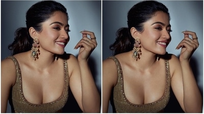 Lastly, Rashmika wore a matching chiffon dupatta decorated with criss-cross pattern sequins, scalloped lace trims, and embellished gota patti borders to round off the look. She draped it on her shoulder to give a finishing touch to her outfit. (Instagram) Lastly, Rashmika wore a matching chiffon dupatta decorated with criss-cross pattern sequins, scalloped lace trims, and embellished gota patti borders to round off the look. She draped it on her shoulder to give a finishing touch to her outfit. (Instagram)