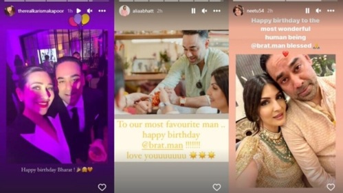 Karisma Kapoor, Alia Bhatt, and Neetu Kapoor wished Riddhima Kapoor Sahni's husband Bharat Sahni on his birthday. Karisma Kapoor, Alia Bhatt, and Neetu Kapoor wished Riddhima Kapoor Sahni's husband Bharat Sahni on his birthday.