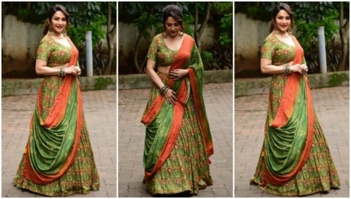 Madhuri Dixit dons a lehenga choli set. (HT Photo/Varinder Chawla) Madhuri Dixit dons a lehenga choli set. (HT Photo/Varinder Chawla)