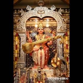 The 'Saraswati alankara' consisted of a white saree, and the goddess was also gifted a gold veena and peacock this year. (Daivaradhane (Facebook Page)) The 'Saraswati alankara' consisted of a white saree, and the goddess was also gifted a gold veena and peacock this year. (Daivaradhane (Facebook Page))