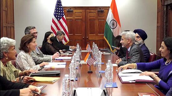 External affairs minister S Jaishankar meets with United States commerce secretary Gina Raimondo to discuss Indo-Pacific Economic Framework alongside high technology cooperation between India and US, in Washington on Monday. (ANI) External affairs minister S Jaishankar meets with United States commerce secretary Gina Raimondo to discuss Indo-Pacific Economic Framework alongside high technology cooperation between India and US, in Washington on Monday. (ANI)